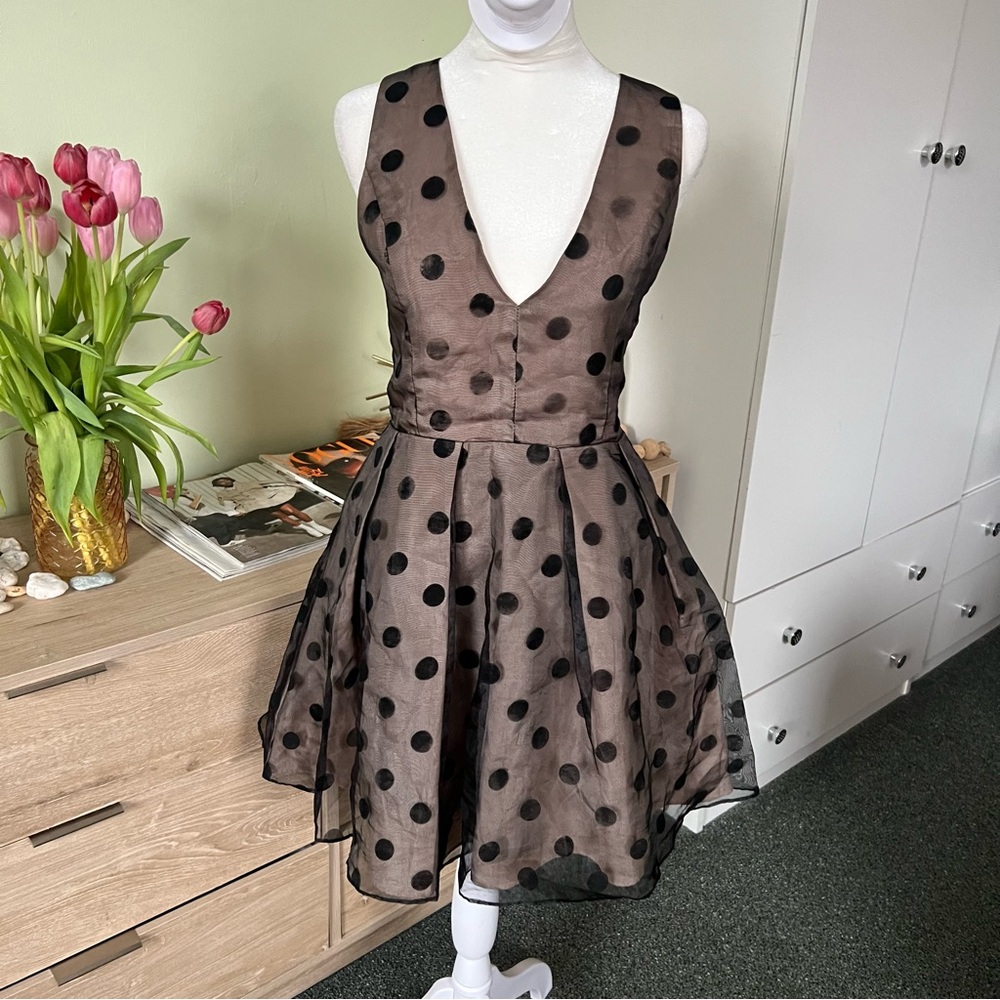 Black Sheer Polka Dot Lined Crinoline Fit & Flare Cocktail Formal Dress Gown L